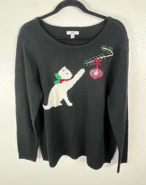 CROFT & BARROW Black Cat Graphic Long Sleeves Knit Sweater Size Large Christmas thumbnail 1