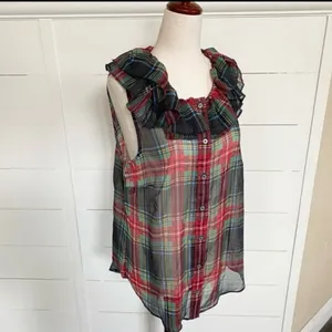 J. Crew Tartan Plaid Red Green Metallic Sheer Ruffle Button Tank‎ Blouse NWT S thumbnail 5