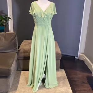 Women’s Full Length Green Chiffon Ruffle Dress Corset Back Leg Slit Size 12 thumbnail 3