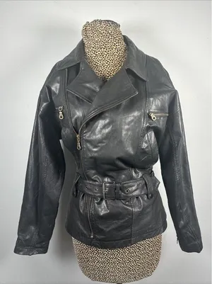 Boutique Europa Womens Leather Jacket Coat Black Moto‎ Biker Zip Belt 90s thumbnail 1