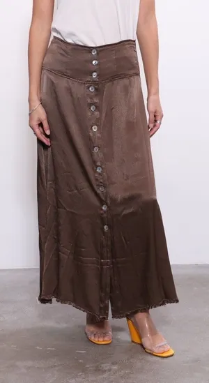 Raquel Allegra Satin Maxi Skirt L Button Front Boho Indie Minimalist Moss Brown thumbnail 1