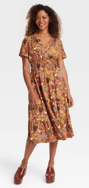 Target Latino Heritage Midi Dress Tropical‎ Resort V-Neck Women Brown Small NWT thumbnail 1