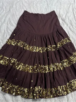 Wet Seal Brown Sequin Tiered Midi Skirt Boho Festival Y2K Size Small thumbnail 2