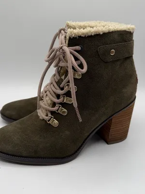 Dr Scholls Loni Boots Womens 6 Olive Suede Shearling Lace Up Block Heel thumbnail 3