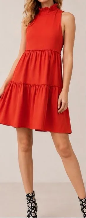 Elliatt Red Ruffle High Neck Sleeveless Tiered Holiday Wedding Swing Mini Dress thumbnail 1