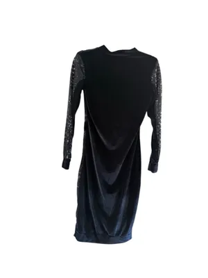 Black Velvet Midi Dress with Sheer Sparkle Sleeves thumbnail 3