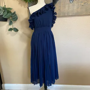 Lulus NWOT Splendid Charisma Navy Ruffled Pleated One-Shoulder Midi Dress thumbnail 3