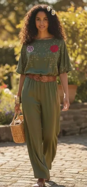 Anthropologie Seen‎ Worn & Kept Embroidered Satin Jumpsuit S Green Boho Chic thumbnail 1