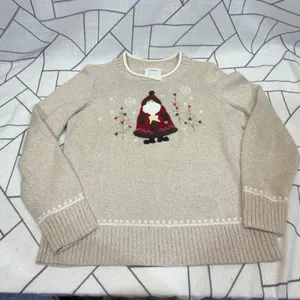 Christopher & Banks Sweater Small Beige Santa Hand Embroidered Christmas Holiday thumbnail 3