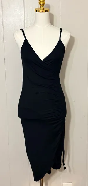 Pampelone Black Ruched Midi Dress Wrap Draped Spaghetti Strap Size M thumbnail 1