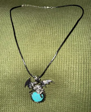 Dragon Pendant Necklace with Turquoise Stone - Black Cord thumbnail 1