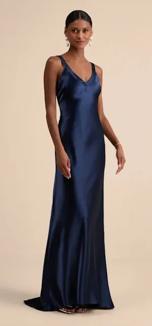 Lulus Perfectly Classy Navy Satin Strappy Maxi Dress thumbnail 1