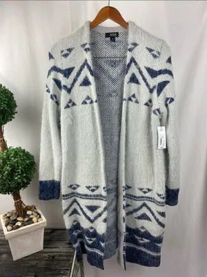 ANA Gray & Blue Print Fuzzy Fluffy Comfy Long Sleeve Open Front Cardigan M NEW thumbnail 2
