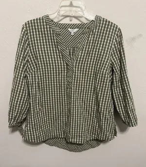 Crown & Ivy Size Medium Checkered Gingham Peasant Blouse Green & White Cotton thumbnail 1