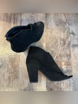 Very G Black Rhinestone Heeled Peep Toe Booties Zip Back Size 8 Glitz Sparkle thumbnail 5