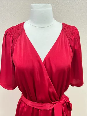 Maurices Deep Red Semi Satin Faux Wrap Ruffle Midi Dress Size Medium thumbnail 10