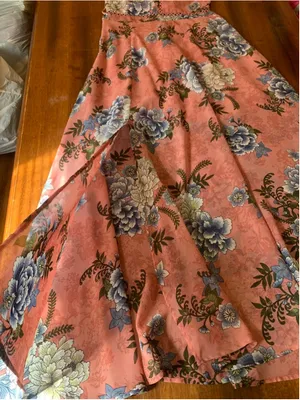 Miami maxi Dress Large Peach with Blue Yellow Floral Halter Crochet Derails thumbnail 4