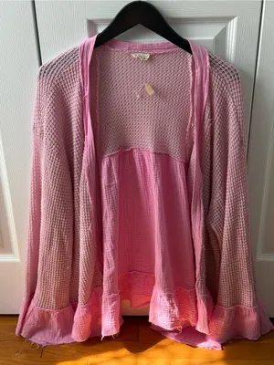 POL Open Front Pink Waffle Knit and Gauze Open Front Cardigan thumbnail 2