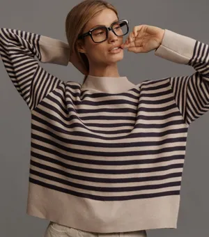 MAEVE Anthropologie The‎ Carys Mock-Neck Sweater Mauve Grey Size XS Striped thumbnail 1