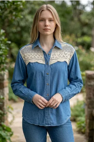 Vintage 90's denim shirt M crochet lace jean button up shirt top Western cowgirl thumbnail 1