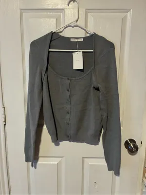 Oak Fort BUTTON FRONT SQUARE NECK SWEATER size medium minimalist Gray thumbnail 2