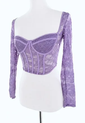 SheIn Women’s Lavender Purple Lace Bustier Corset Top Long Sleeve Floral Sheer XS thumbnail 1