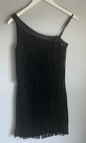 Vintage Y2K‎ Aqua Dress One Shoulder Black Fringe Cocktail Party 20s size 4 thumbnail 1