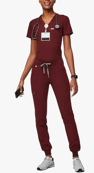 FIGS Set Stylish burgundy scrub with top and jogger pants nurse scrubs thumbnail 1