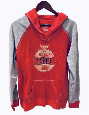 Retro Majestic Chicago Bulls NBA Hoodie Sweatshirt Red Gray L Basketball thumbnail 1