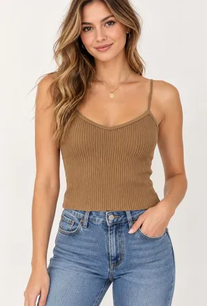 Emory Park Camel Ribbed Knit Cami Tank Top – Size small thumbnail 1