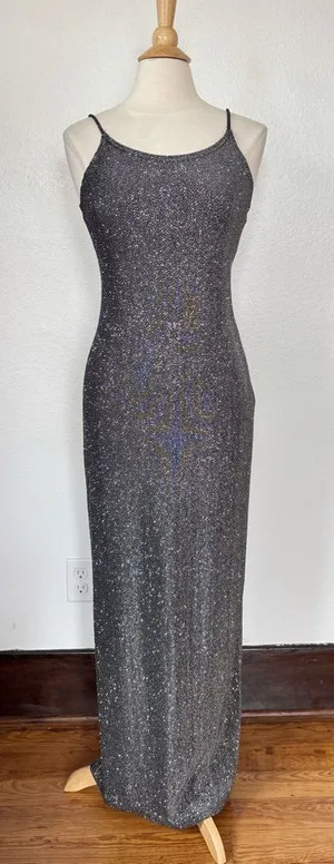 Jump Vintage 90s Black + Silver Glitter Full Length Sleeveless Prom Dress thumbnail 1