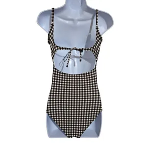 Brown Plaid Checkered One Piece Swimsuit Beach‎ Resort Vacation Janela Bay XS thumbnail 2