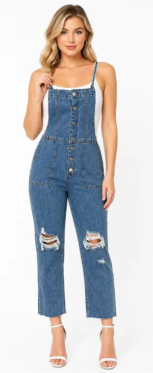 Forever 21 Denim Button Front Distressed Cropped Overalls Jumpsuit M thumbnail 1