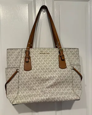 Michael Kors MK Signature Vanilla Logo Tote Bag Brown Trim thumbnail 1