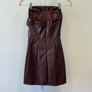 Y2K Edikted Brown Faux Leather Strapless Mini Dress Tube Bodycon Party‎ thumbnail 2
