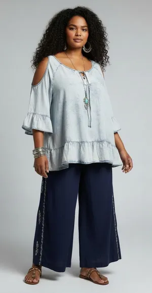 Signature Studio Chambray Cold Shoulder Ruffle Tunic Top Plus 1X thumbnail 1