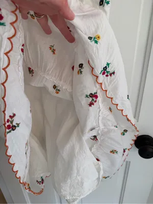 Sézane White Embroidered Floral Cotton Tie Shoulder‎ Tiered Mini Dress EU 38 M thumbnail 5
