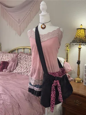 Handmade Black Canvas Crossbody Bag with Pink Leopard Accent - Women's Crossbody thumbnail 2