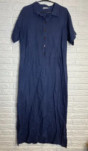 Kiko‎ Maxi Dress Women Medium Navy Blue Excellent Linen Short Sleeve Slit Pocket thumbnail 1
