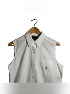Lauren Ralph Lauren Button Down Blouse Women's Large White Cotton Sleeveless Top thumbnail 3