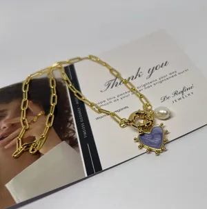 Gold Purple Heart charm necklace with freshwater pearl charm thumbnail 2