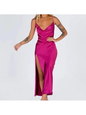 Lioness Magenta Walk The Line Satin Cowl High Slit Pink Maxi Midi xSmall thumbnail 4