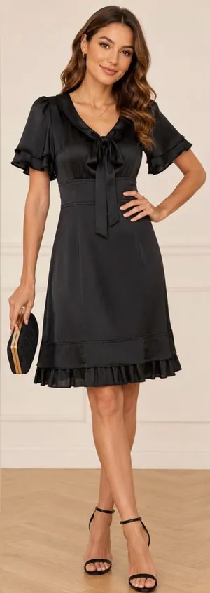 Phoebe Couture Blk Satin Tie Neck Cocktail Dress Flutter Sleeve Ruffle Hem Size8 thumbnail 1