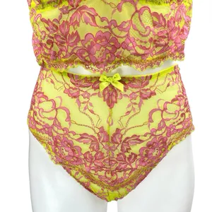 Savage x Fenty Yellow Pink Lace Brallete High Waist Bottom Lingerie 2 Pc Set 1XL thumbnail 4