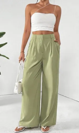 Zara high-rise wide leg pleated green trouser pants with pockets women Size XL thumbnail 2