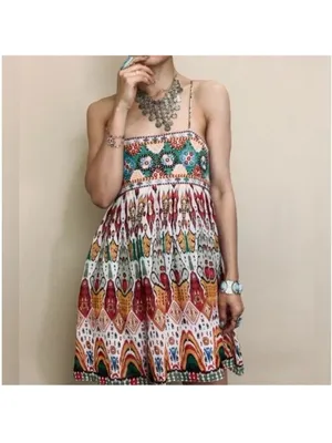 ZARA Chiffon Printed Strappy Embroidered Dress Open Back Sequins multicolor XS thumbnail 3