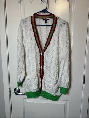 Forever 21 Oversized Cable Knit Varsity Cardigan Cream Red Green Size Small thumbnail 2