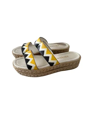 PRADA Zig Zag Beige Yellow Leather Platform Espadrilles Sandals Size 37.5 US 7.5 thumbnail 6