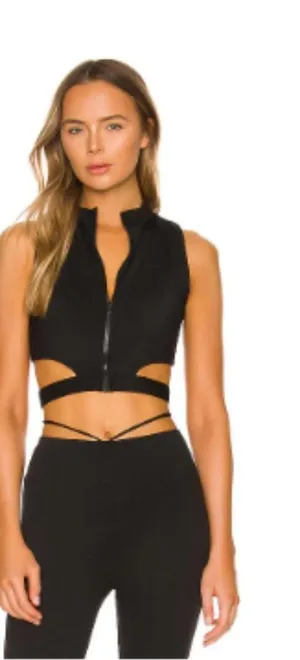 DEVON WINDSOR EMERY CROP TOP CUTOUT FULL ZIP BRA Small $98 Black thumbnail 1