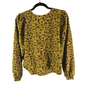 A New Day Yellow Black Floral Long Sleeve Faux Wrap Top Blouse S thumbnail 2